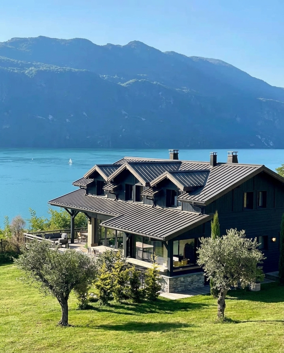 Chalet au bord d’un lac savoyard — illustration